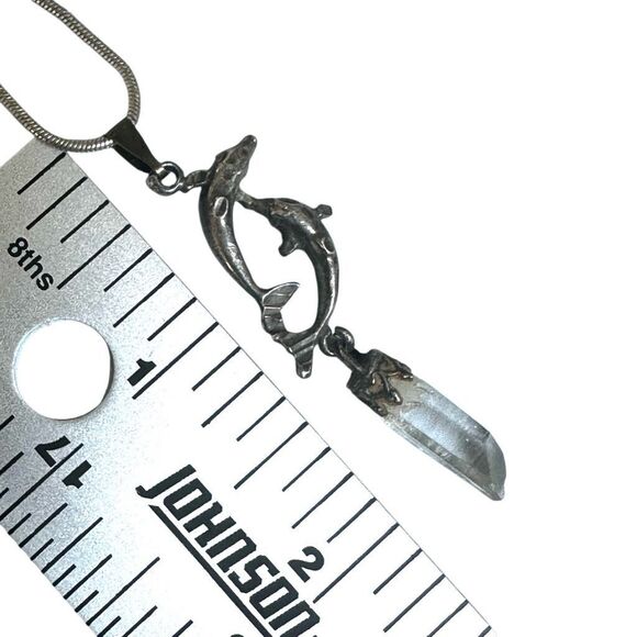 STERLING silver  double DOLPHIN  pointed quartz crystal Pendant necklace - Picture 7 of 12